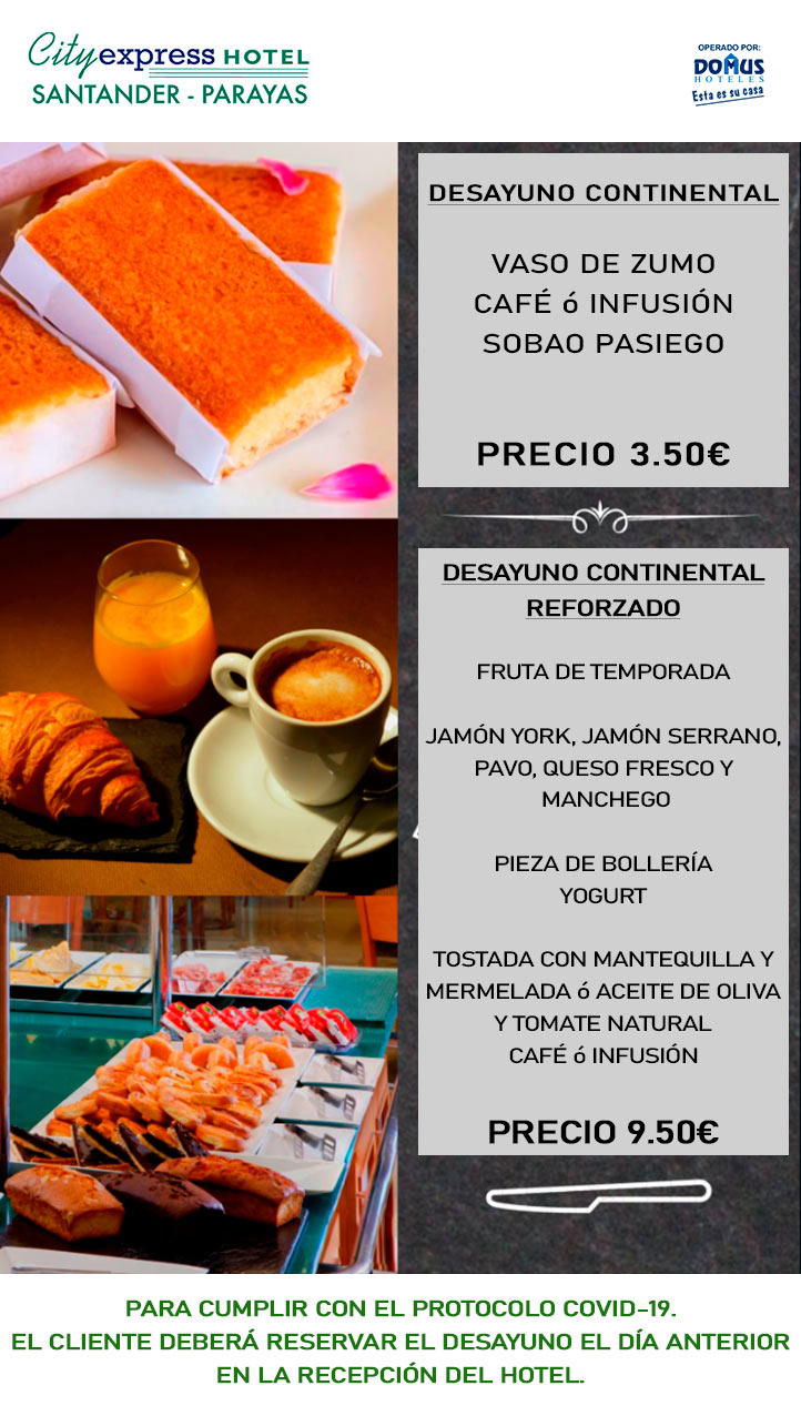 carta de desayunos hotel en Santander